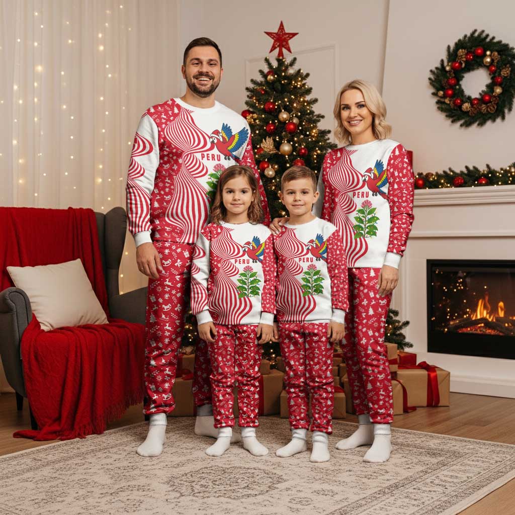 Peru Christmas Pajama Set with Santa Macaw Cantuta Flower Red Swirl Pattern and Festive Design - Wonder Print Shop