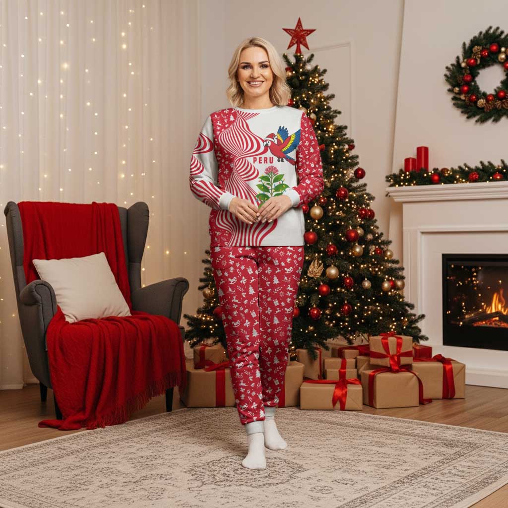 Peru Christmas Pajama Set with Santa Macaw Cantuta Flower Red Swirl Pattern and Festive Design - Wonder Print Shop