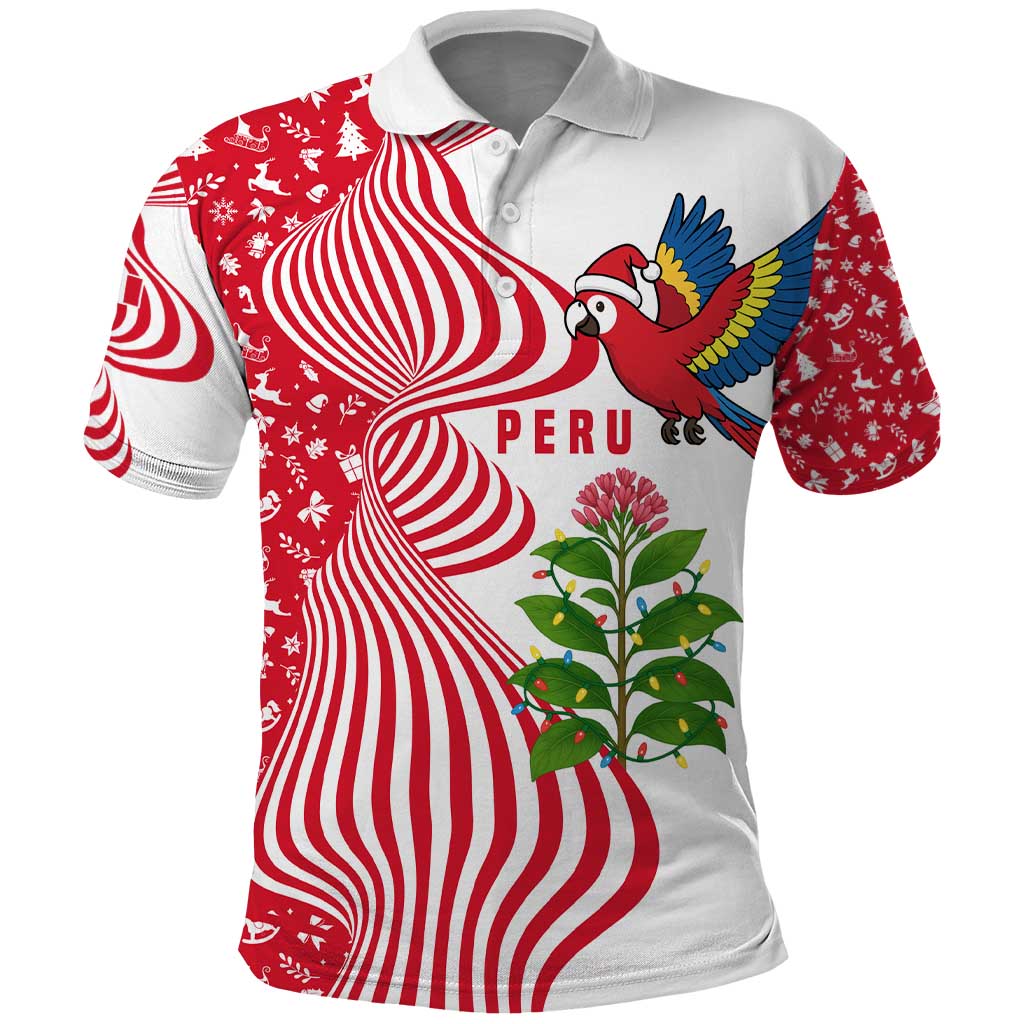 Peru Christmas Polo Shirt with Santa Macaw Cantuta Flower Red Swirl Pattern and Festive Design - Wonder Print Shop