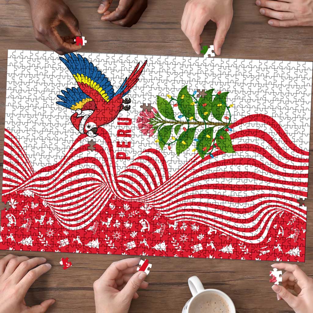 Peru Christmas Puzzle with Santa Macaw Cantuta Flower Red Swirl Pattern and Festive Design - Wonder Print Shop