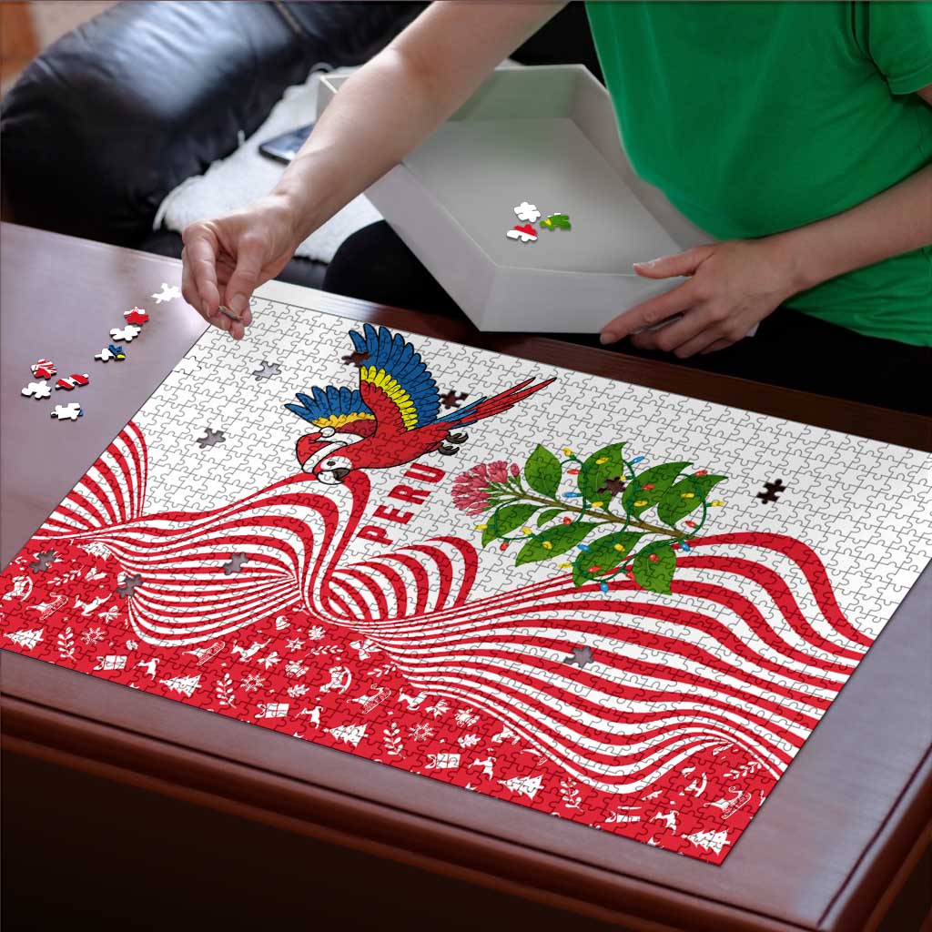 Peru Christmas Puzzle with Santa Macaw Cantuta Flower Red Swirl Pattern and Festive Design - Wonder Print Shop