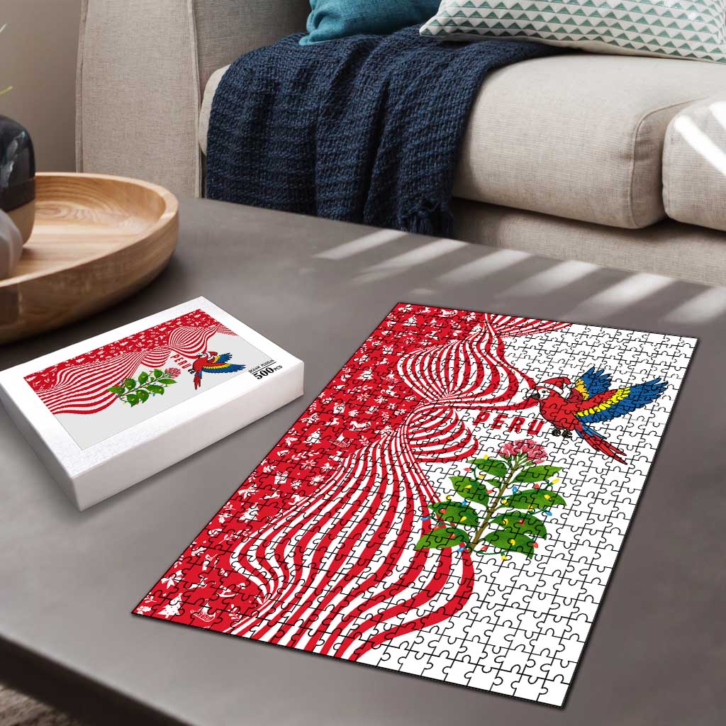 Peru Christmas Puzzle with Santa Macaw Cantuta Flower Red Swirl Pattern and Festive Design - Wonder Print Shop