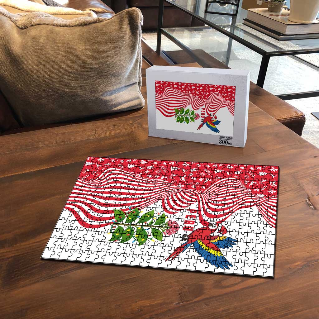 Peru Christmas Puzzle with Santa Macaw Cantuta Flower Red Swirl Pattern and Festive Design - Wonder Print Shop
