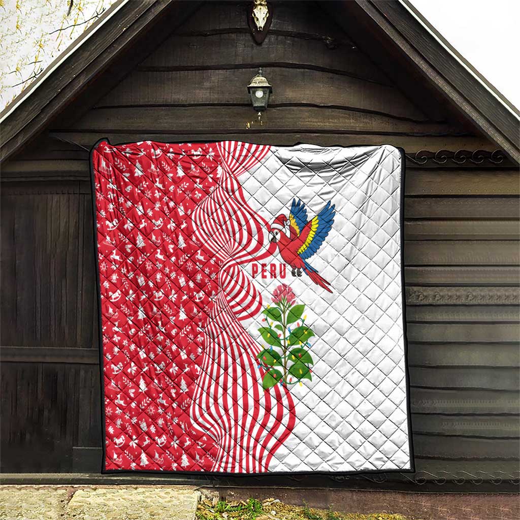 Peru Christmas Quilt with Santa Macaw Cantuta Flower Red Swirl Pattern and Festive Design - Wonder Print Shop