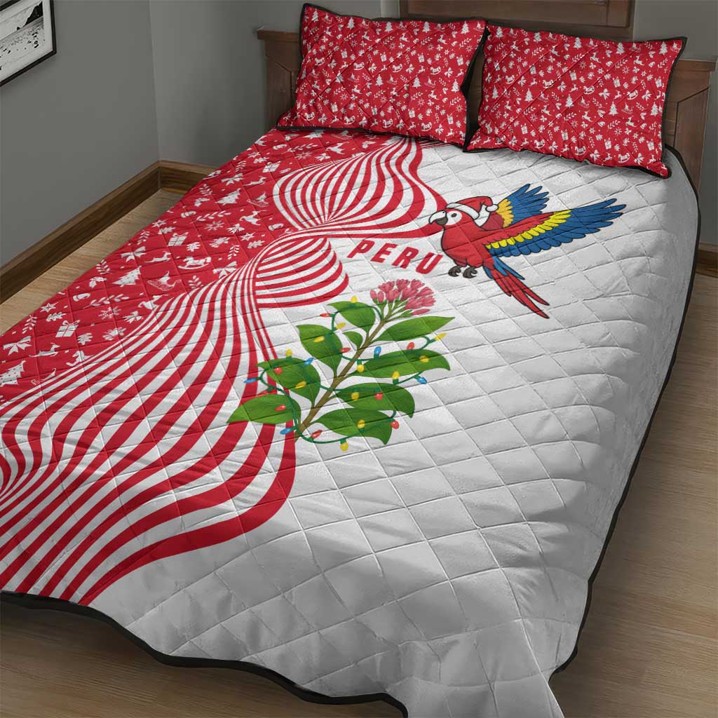 Peru Christmas Quilt Bed Set with Santa Macaw Cantuta Flower Red Swirl Pattern and Festive Design - Wonder Print Shop