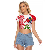 Peru Christmas Raglan Cropped T Shirt with Santa Macaw Cantuta Flower Red Swirl Pattern and Festive Design - Wonder Print Shop