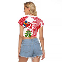 Peru Christmas Raglan Cropped T Shirt with Santa Macaw Cantuta Flower Red Swirl Pattern and Festive Design - Wonder Print Shop