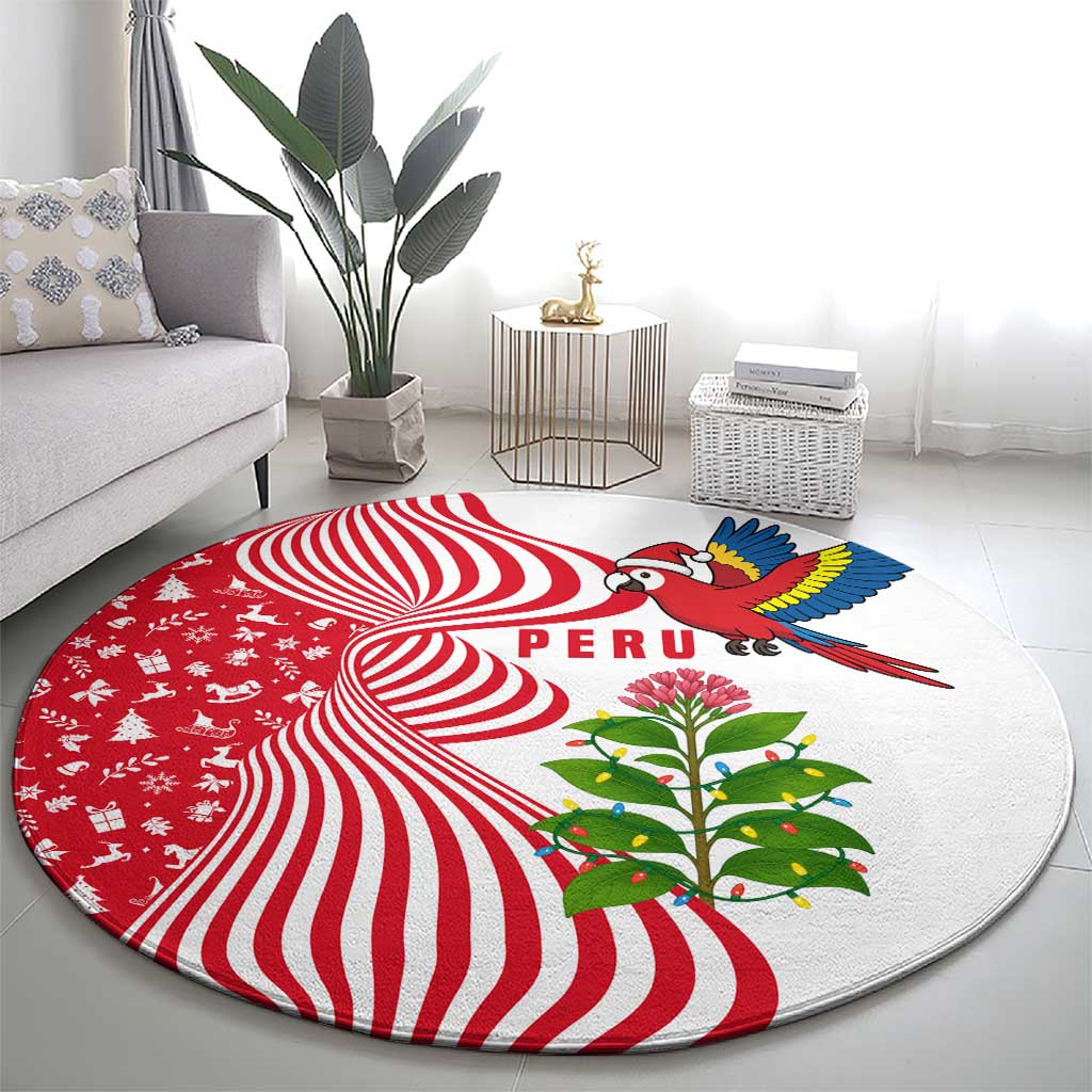 Peru Christmas Round Carpet with Santa Macaw Cantuta Flower Red Swirl Pattern and Festive Design - Wonder Print Shop