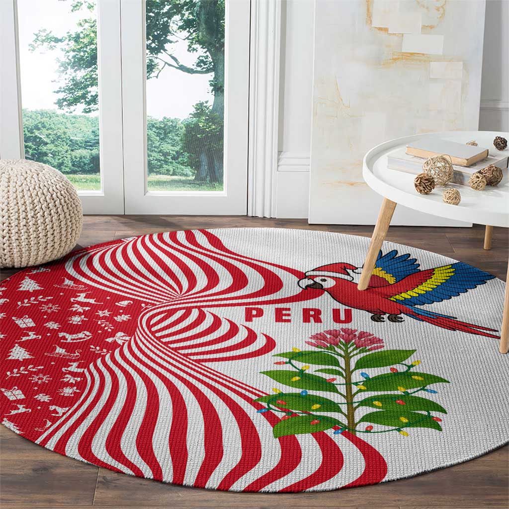 Peru Christmas Round Carpet with Santa Macaw Cantuta Flower Red Swirl Pattern and Festive Design - Wonder Print Shop