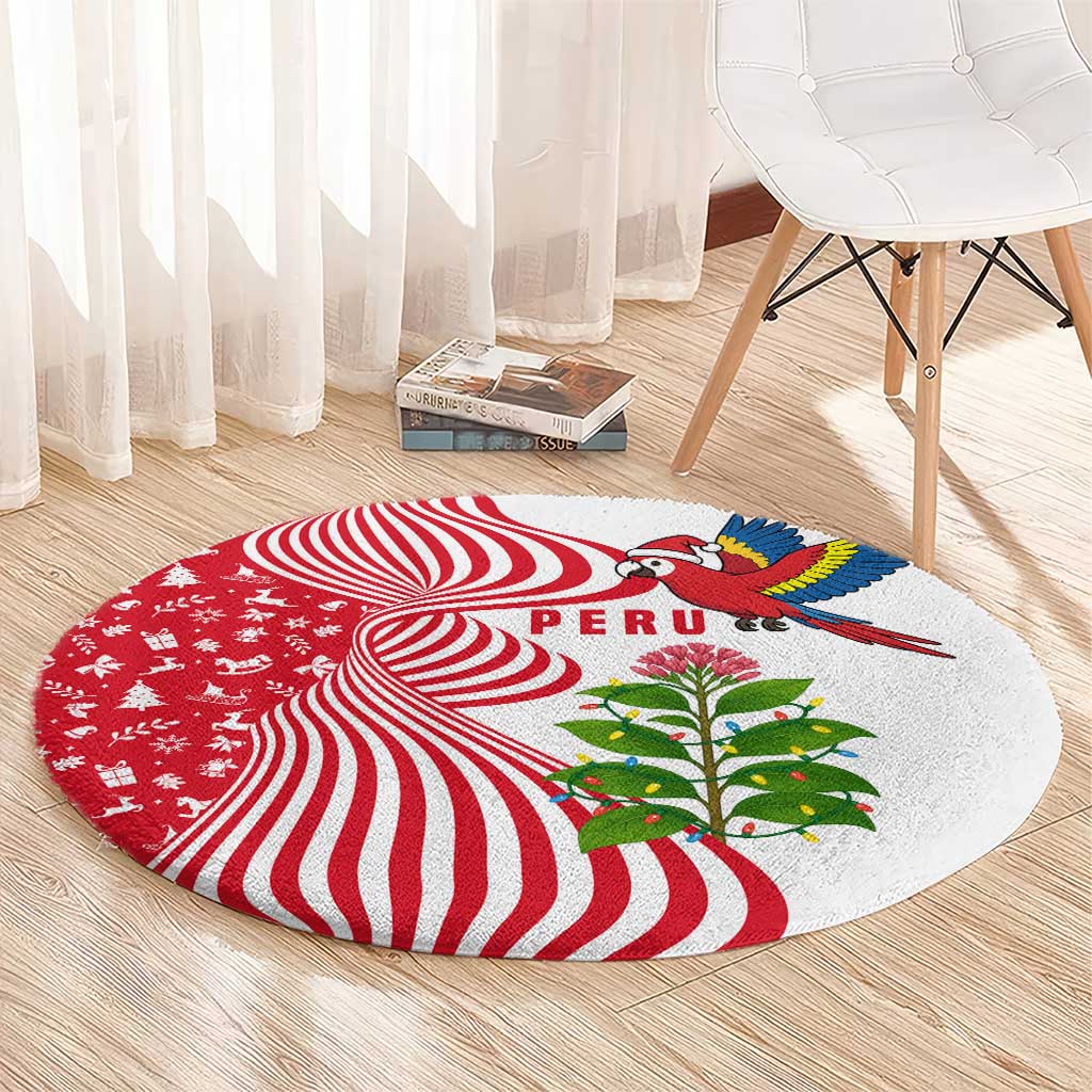 Peru Christmas Round Carpet with Santa Macaw Cantuta Flower Red Swirl Pattern and Festive Design - Wonder Print Shop