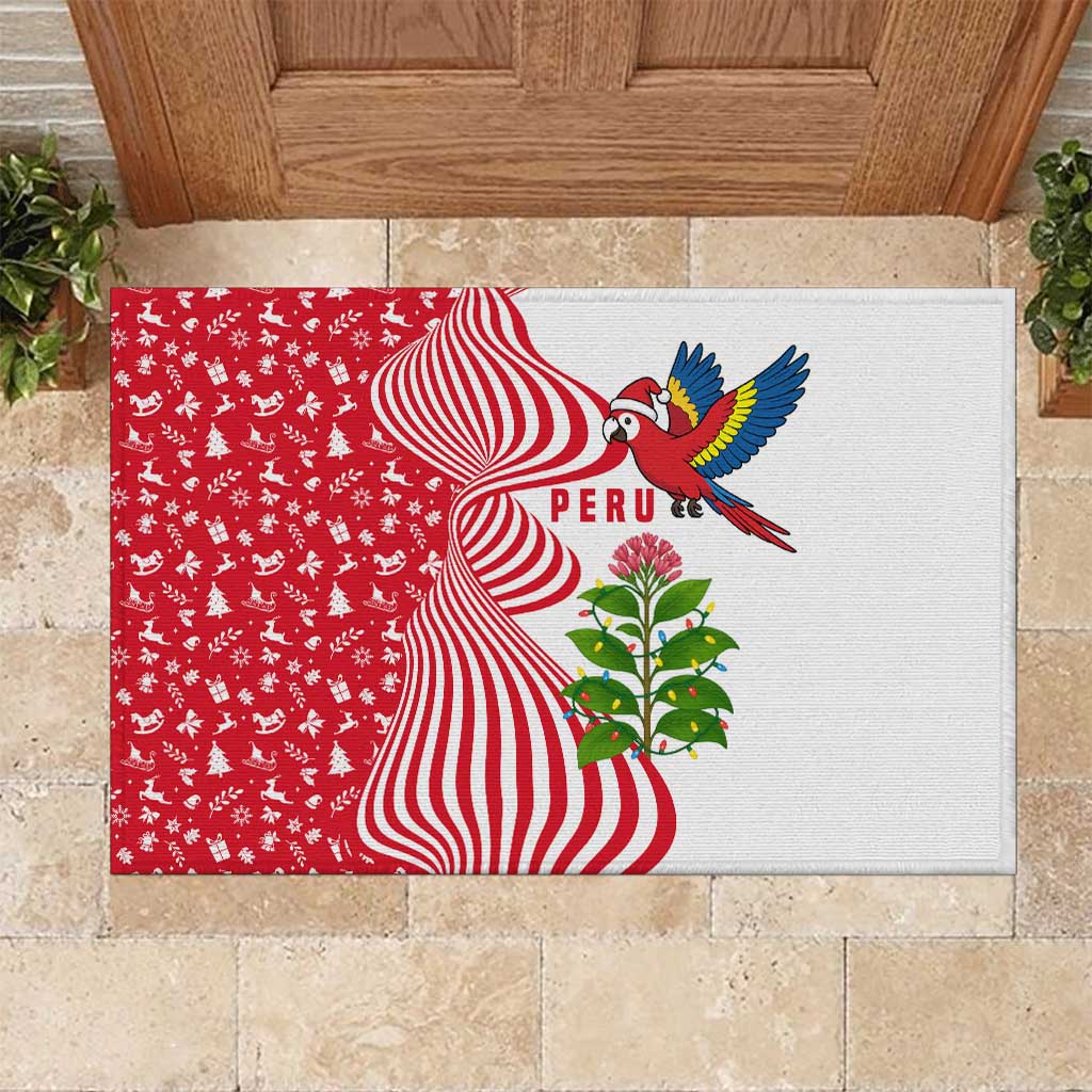 Peru Christmas Rubber Doormat with Santa Macaw Cantuta Flower Red Swirl Pattern and Festive Design - Wonder Print Shop