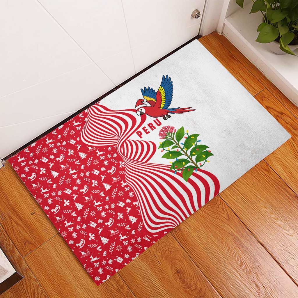 Peru Christmas Rubber Doormat with Santa Macaw Cantuta Flower Red Swirl Pattern and Festive Design - Wonder Print Shop