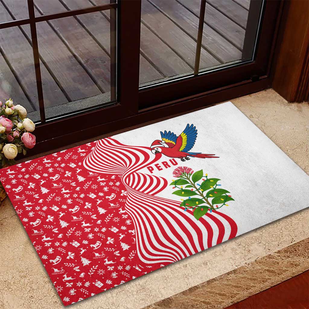 Peru Christmas Rubber Doormat with Santa Macaw Cantuta Flower Red Swirl Pattern and Festive Design - Wonder Print Shop