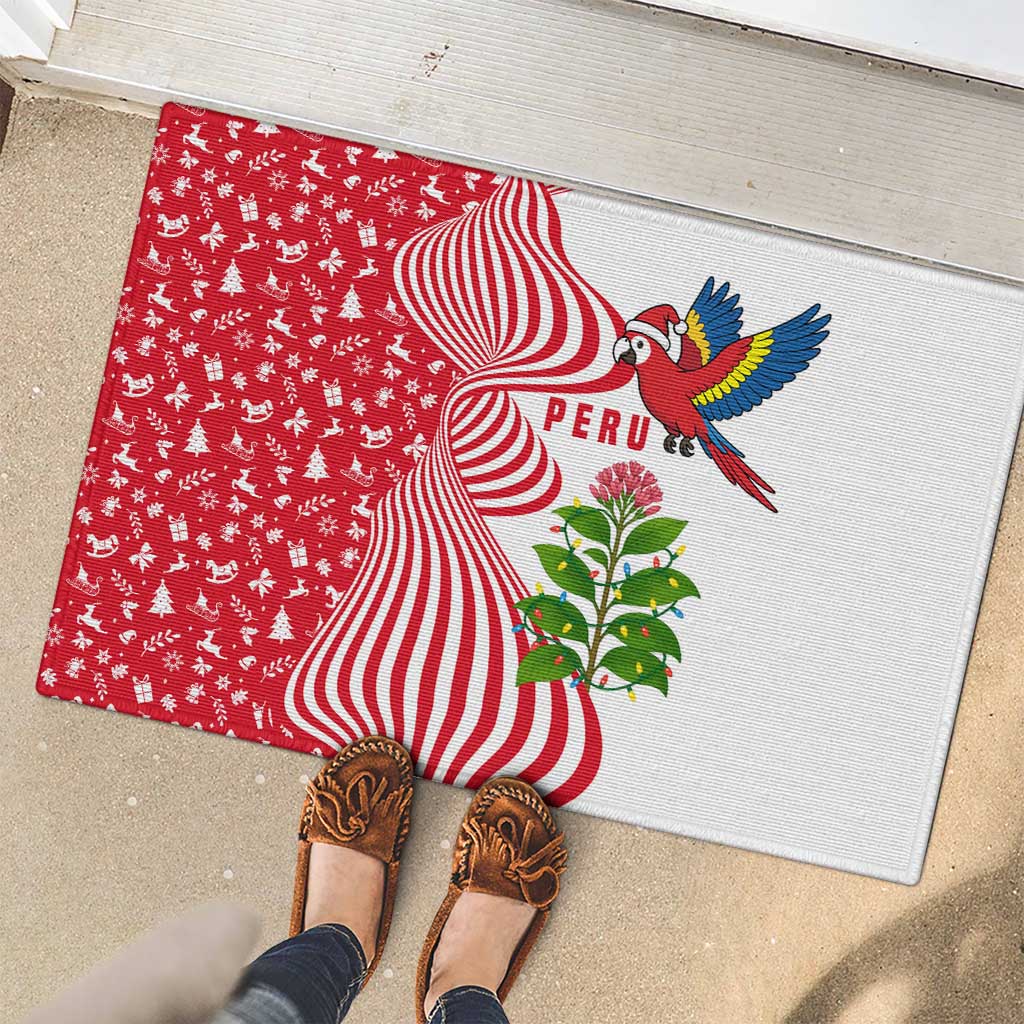 Peru Christmas Rubber Doormat with Santa Macaw Cantuta Flower Red Swirl Pattern and Festive Design - Wonder Print Shop
