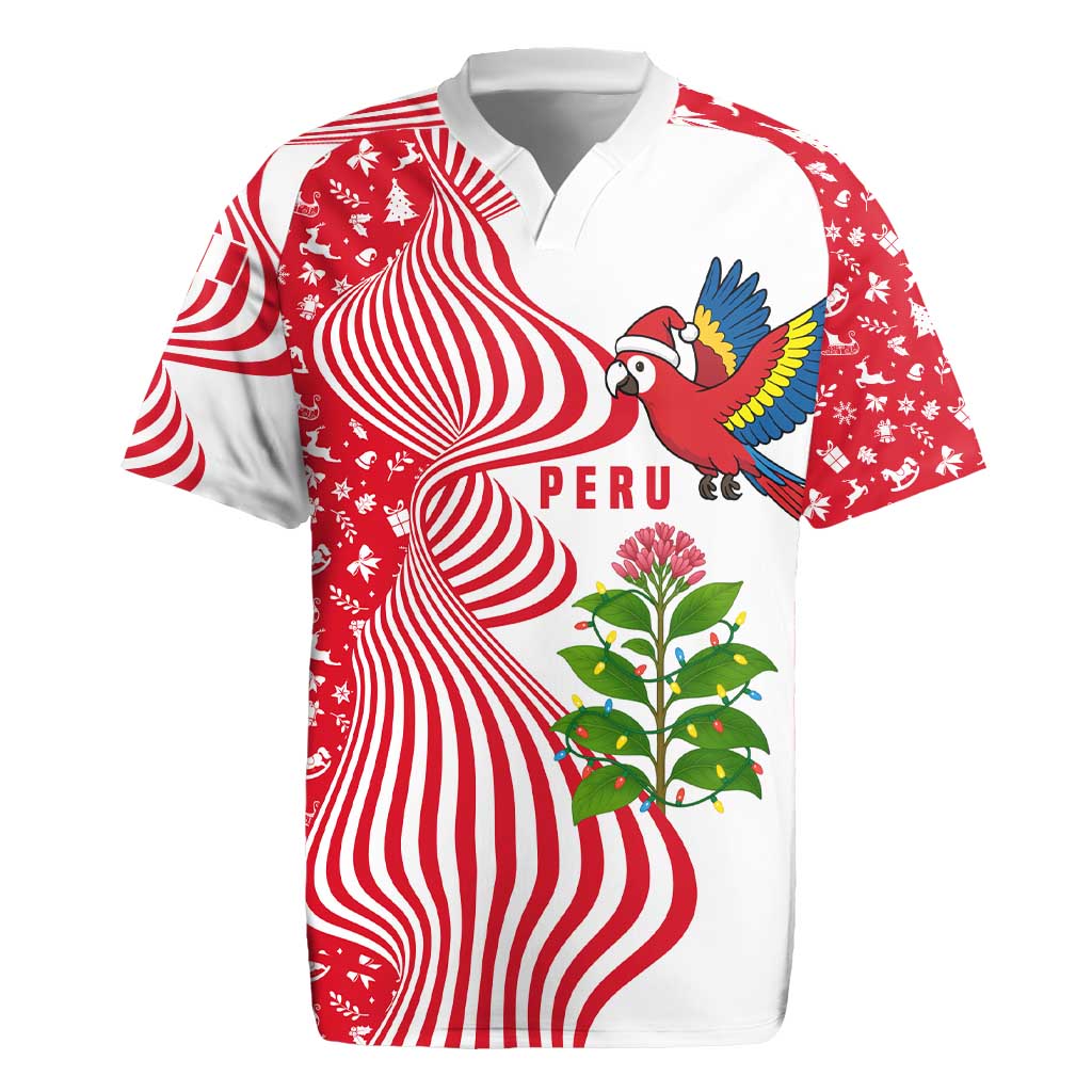 Peru Christmas Rugby Jersey with Santa Macaw Cantuta Flower Red Swirl Pattern and Festive Design - Wonder Print Shop