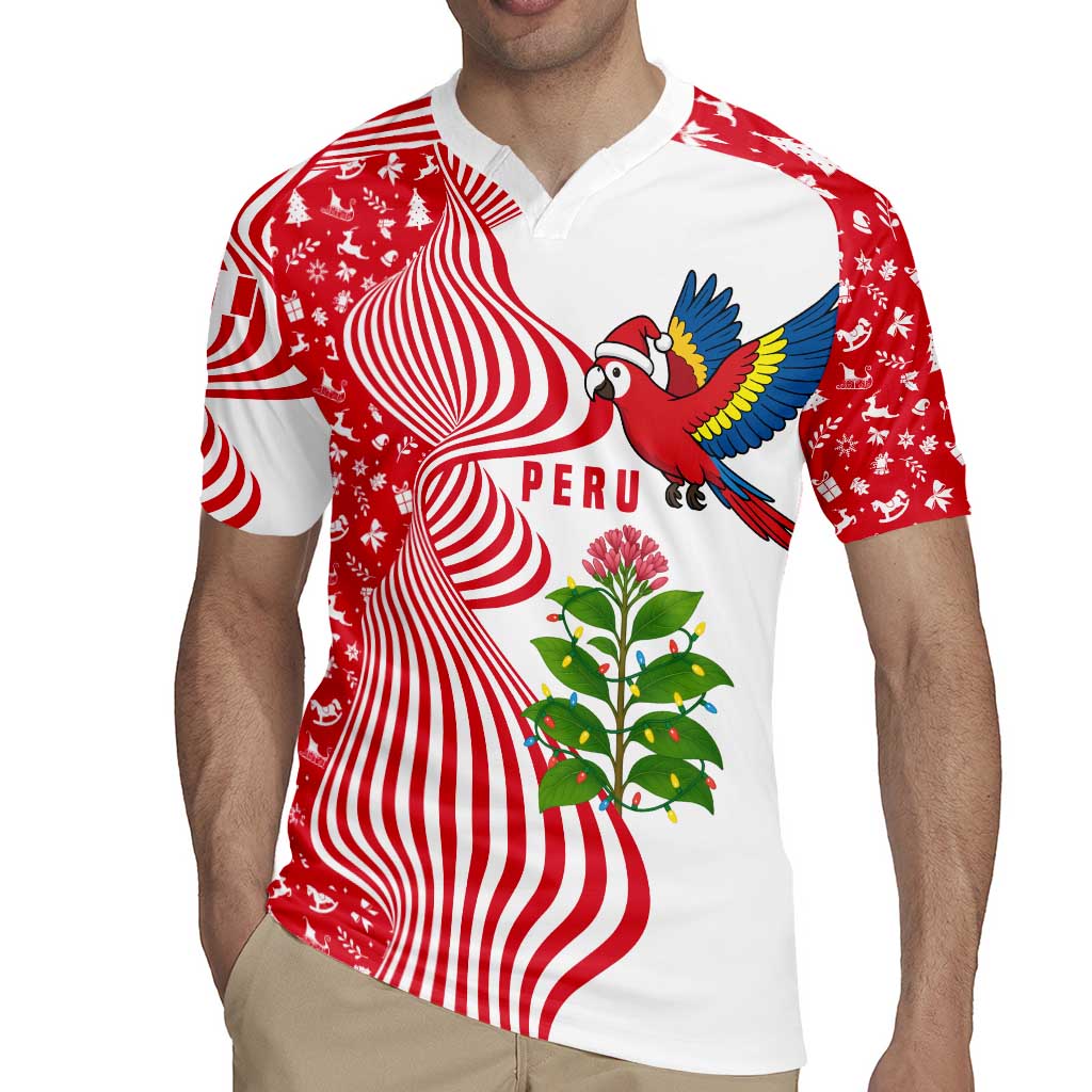 Peru Christmas Rugby Jersey with Santa Macaw Cantuta Flower Red Swirl Pattern and Festive Design - Wonder Print Shop