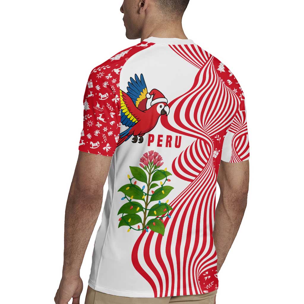 Peru Christmas Rugby Jersey with Santa Macaw Cantuta Flower Red Swirl Pattern and Festive Design - Wonder Print Shop
