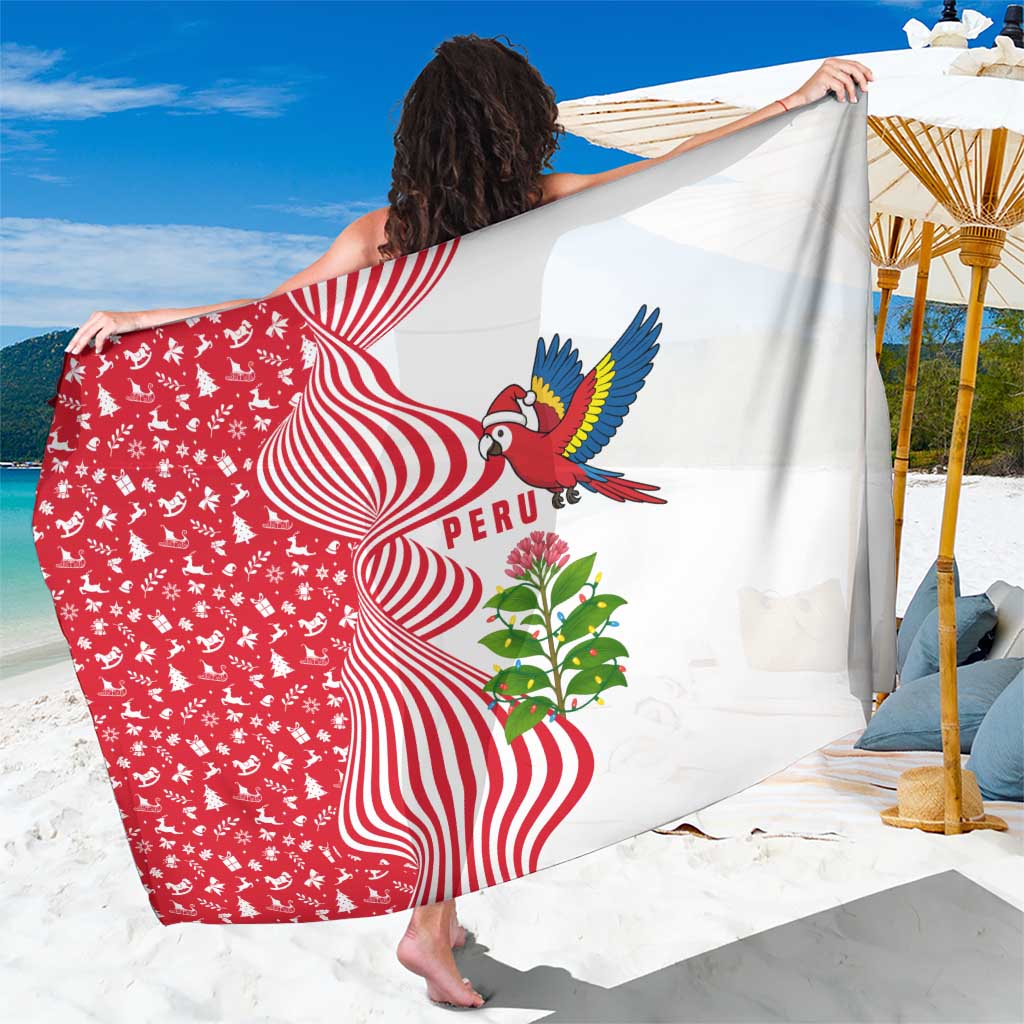 Peru Christmas Sarong with Santa Macaw Cantuta Flower Red Swirl Pattern and Festive Design - Wonder Print Shop