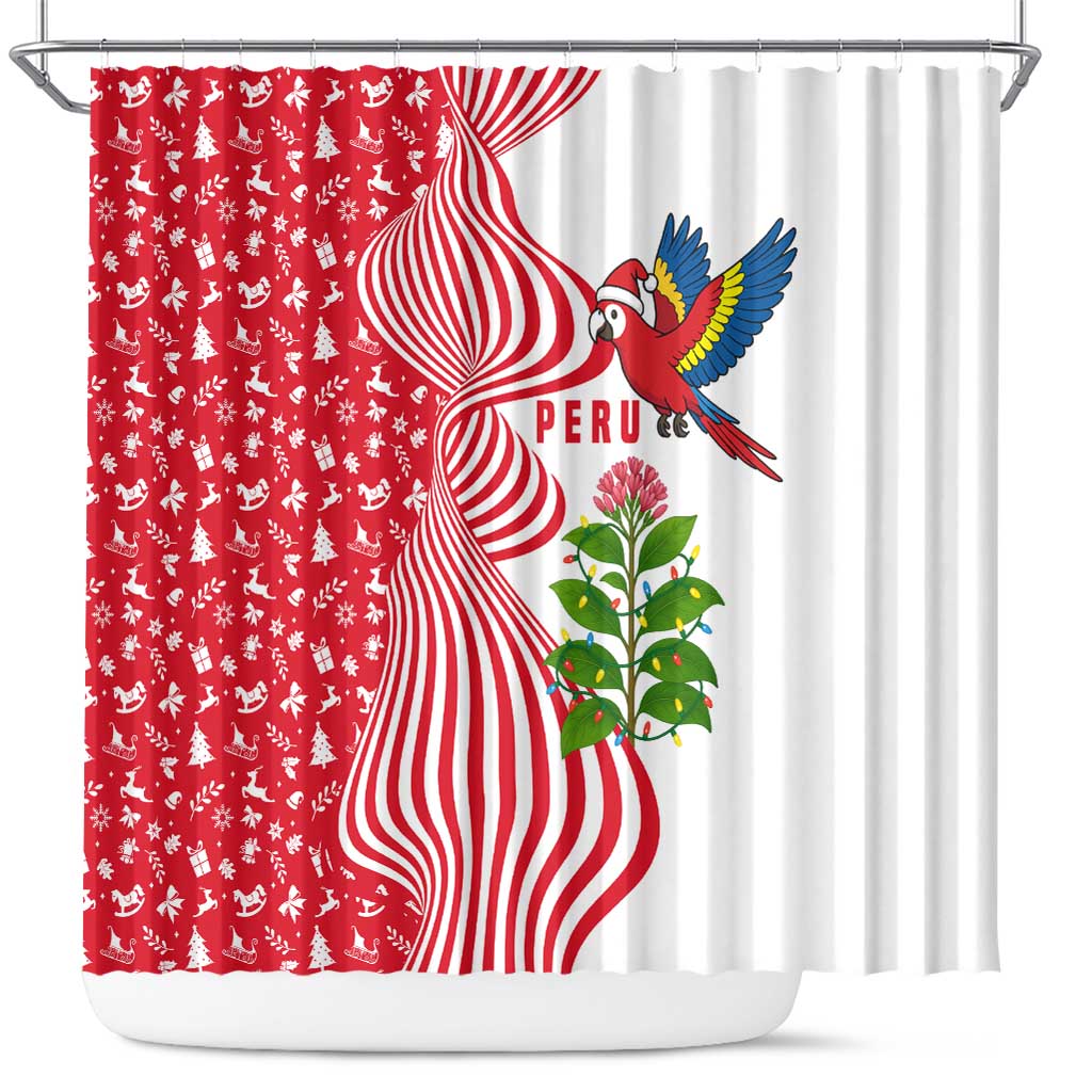 Peru Christmas Shower Curtain with Santa Macaw Cantuta Flower Red Swirl Pattern and Festive Design - Wonder Print Shop