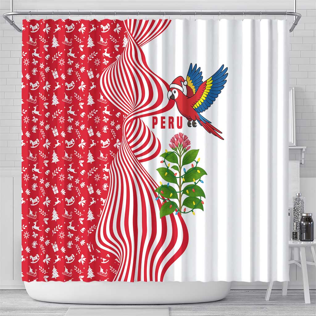 Peru Christmas Shower Curtain with Santa Macaw Cantuta Flower Red Swirl Pattern and Festive Design - Wonder Print Shop