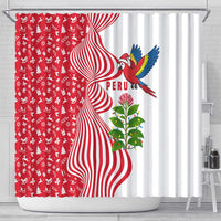 Peru Christmas Shower Curtain with Santa Macaw Cantuta Flower Red Swirl Pattern and Festive Design - Wonder Print Shop