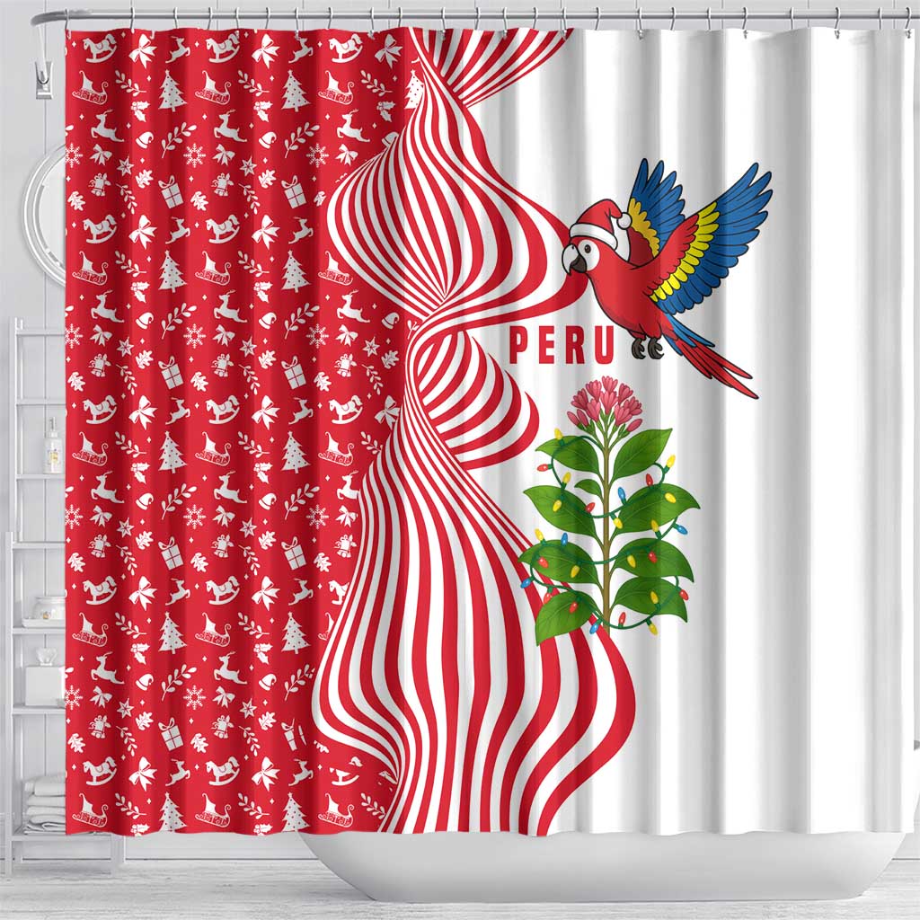 Peru Christmas Shower Curtain with Santa Macaw Cantuta Flower Red Swirl Pattern and Festive Design - Wonder Print Shop