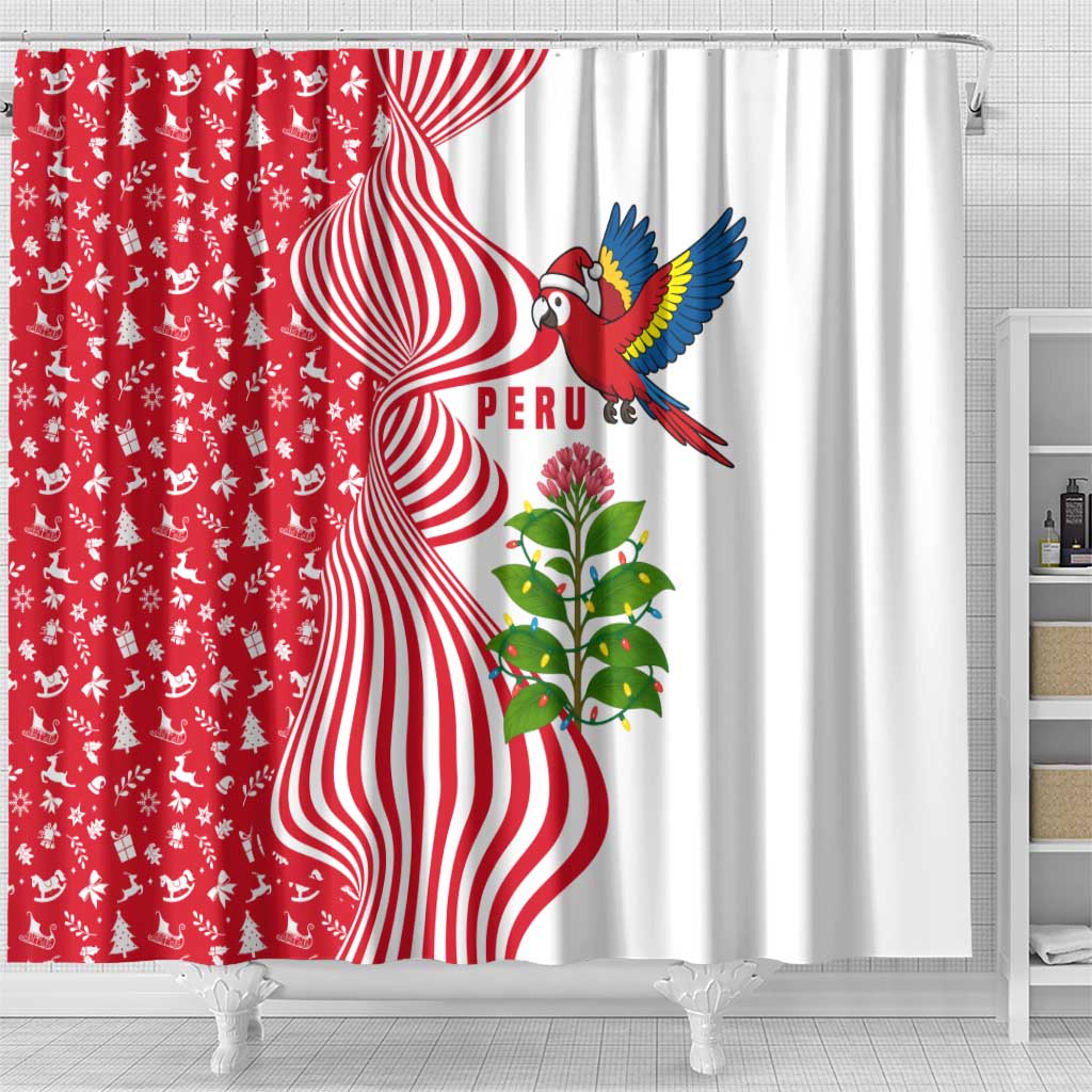 Peru Christmas Shower Curtain with Santa Macaw Cantuta Flower Red Swirl Pattern and Festive Design - Wonder Print Shop