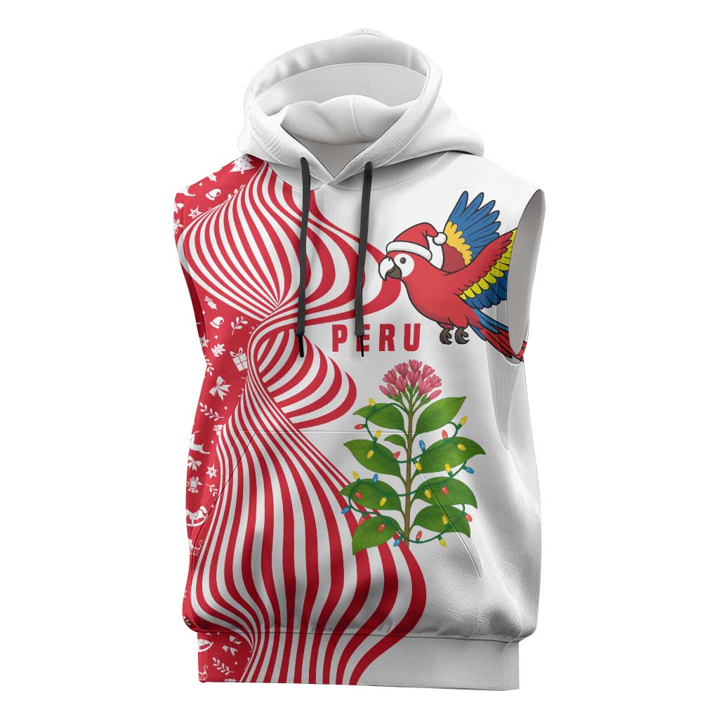 Peru Christmas Sleeveless Hoodie with Santa Macaw Cantuta Flower Red Swirl Pattern and Festive Design - Wonder Print Shop