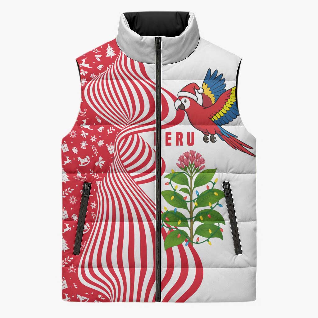 Peru Christmas Sleeveless Puffer Jacket with Santa Macaw Cantuta Flower Red Swirl Pattern and Festive Design - Wonder Print Shop
