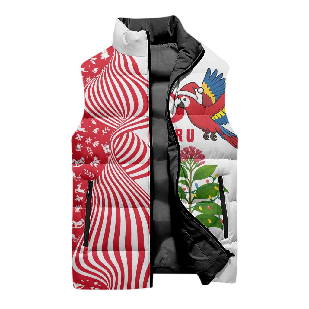 Peru Christmas Sleeveless Puffer Jacket with Santa Macaw Cantuta Flower Red Swirl Pattern and Festive Design - Wonder Print Shop