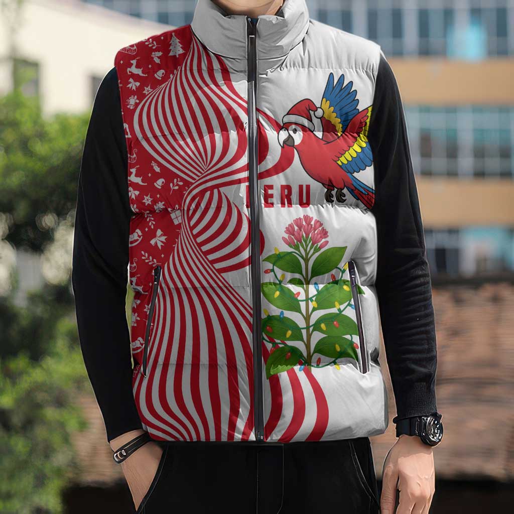 Peru Christmas Sleeveless Puffer Jacket with Santa Macaw Cantuta Flower Red Swirl Pattern and Festive Design - Wonder Print Shop