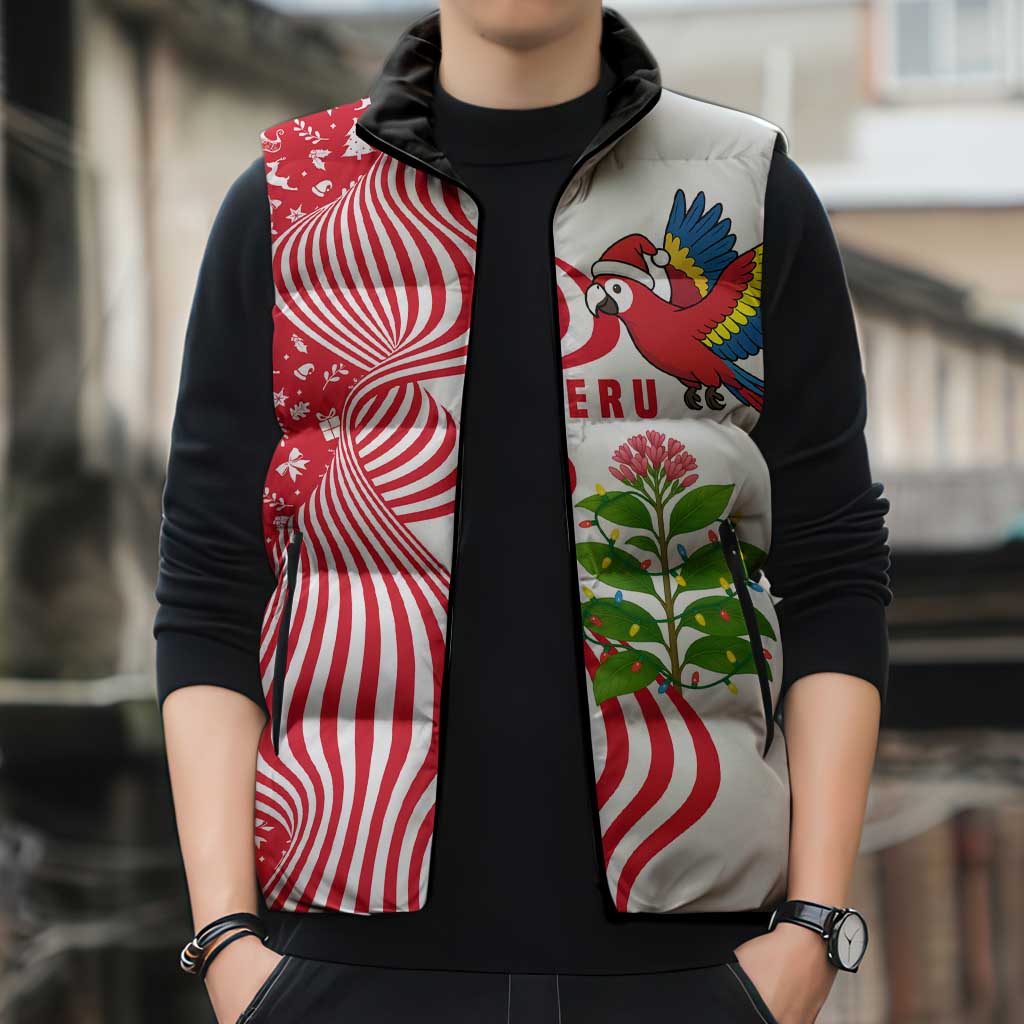 Peru Christmas Sleeveless Puffer Jacket with Santa Macaw Cantuta Flower Red Swirl Pattern and Festive Design - Wonder Print Shop