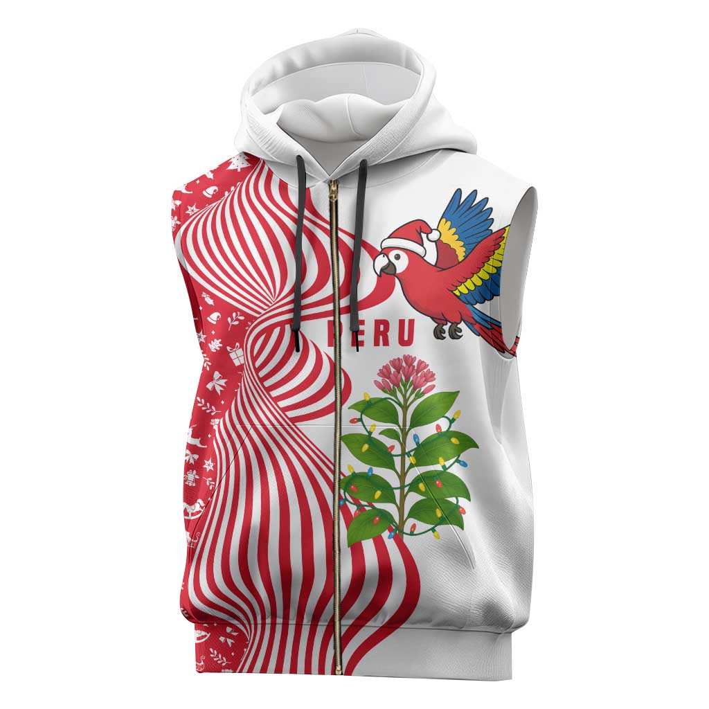 Peru Christmas Sleeveless Zip Hoodie with Santa Macaw Cantuta Flower Red Swirl Pattern and Festive Design - Wonder Print Shop