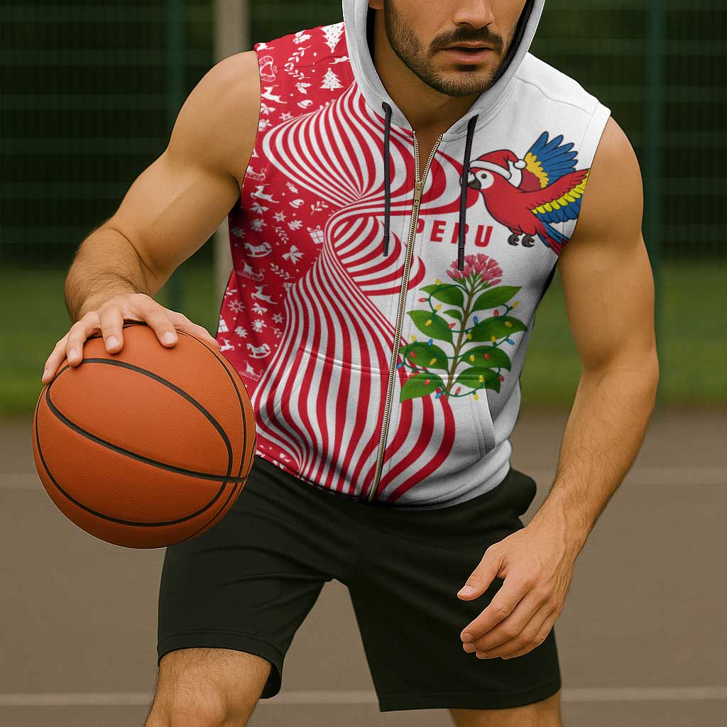 Peru Christmas Sleeveless Zip Hoodie with Santa Macaw Cantuta Flower Red Swirl Pattern and Festive Design - Wonder Print Shop