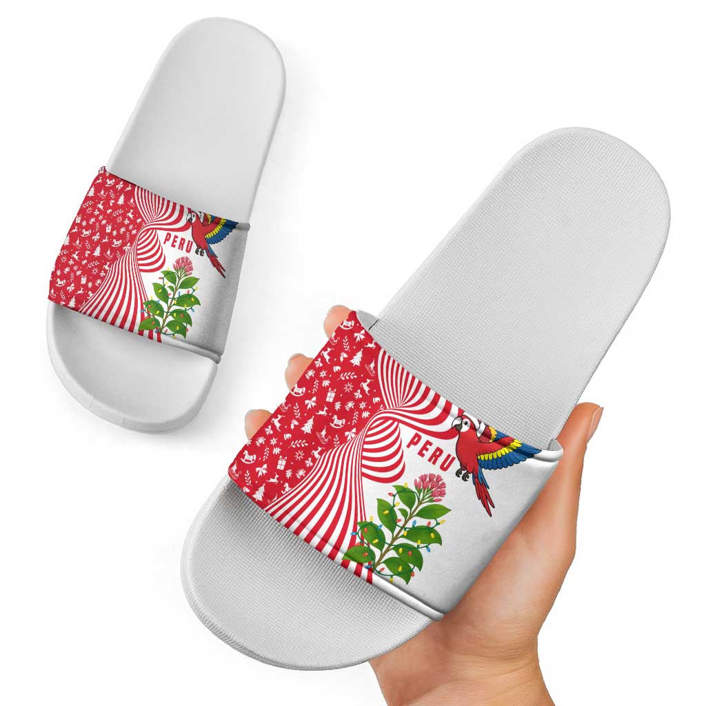 Peru Christmas Slide Sandals with Santa Macaw Cantuta Flower Red Swirl Pattern and Festive Design - Wonder Print Shop