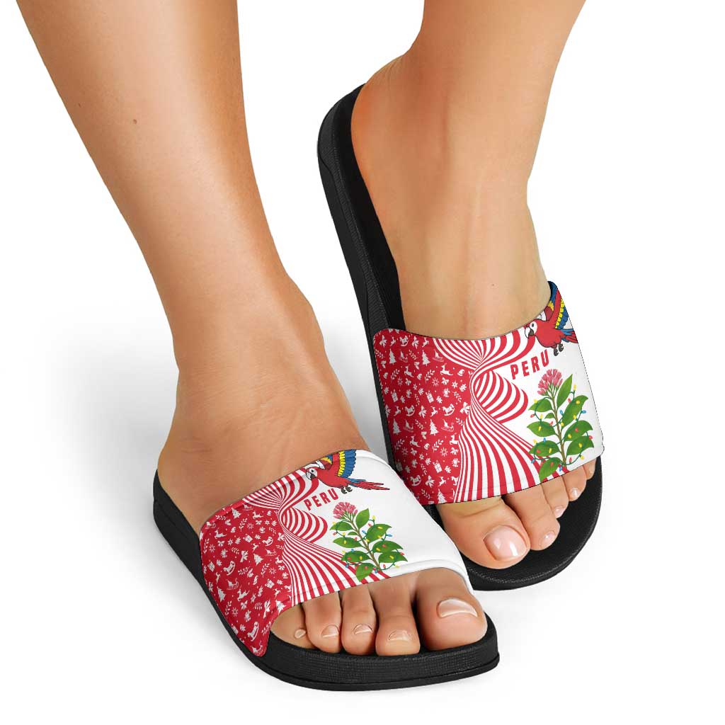 Peru Christmas Slide Sandals with Santa Macaw Cantuta Flower Red Swirl Pattern and Festive Design - Wonder Print Shop