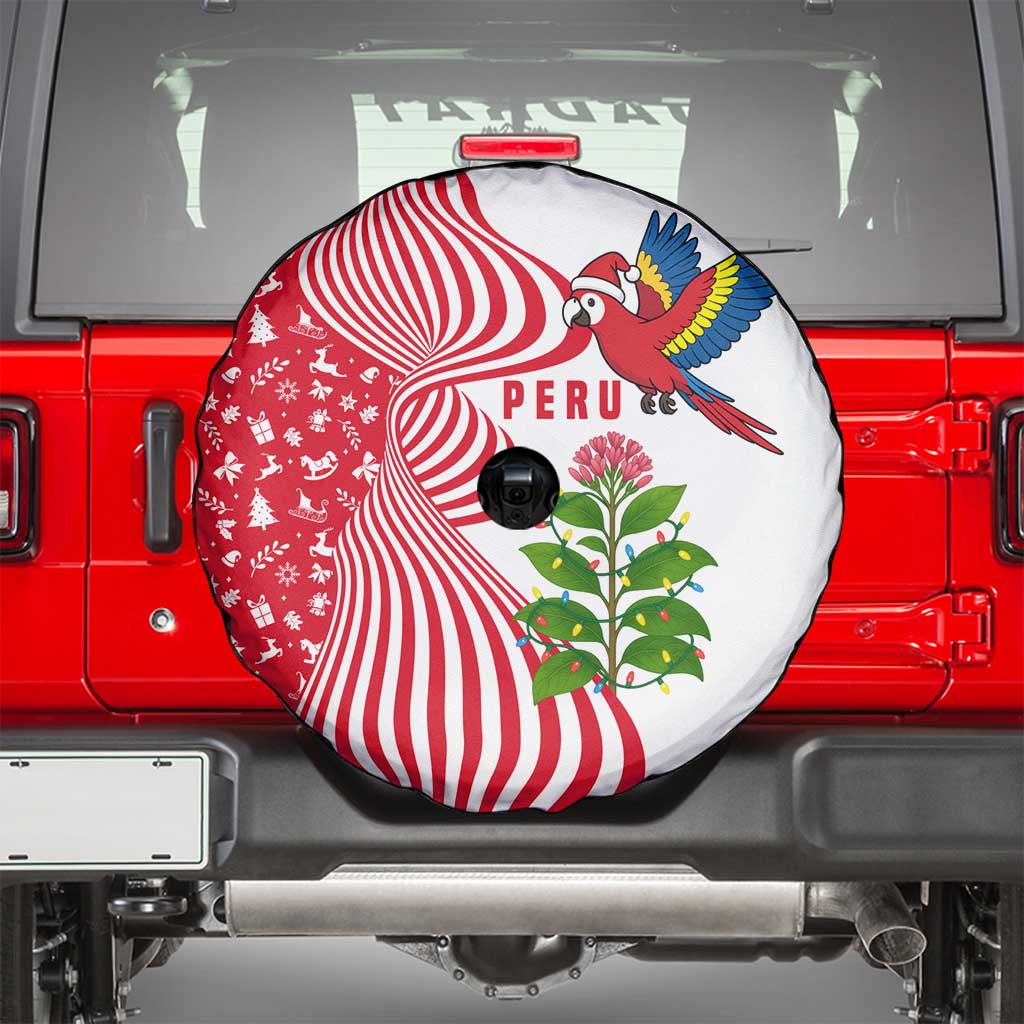 Peru Christmas Spare Tire Cover with Santa Macaw Cantuta Flower Red Swirl Pattern and Festive Design - Wonder Print Shop