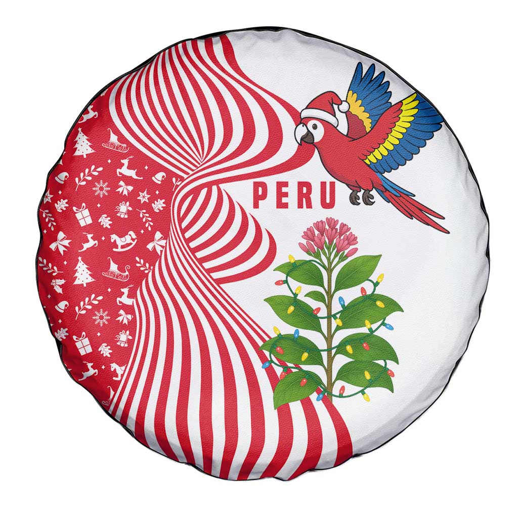 Peru Christmas Spare Tire Cover with Santa Macaw Cantuta Flower Red Swirl Pattern and Festive Design - Wonder Print Shop