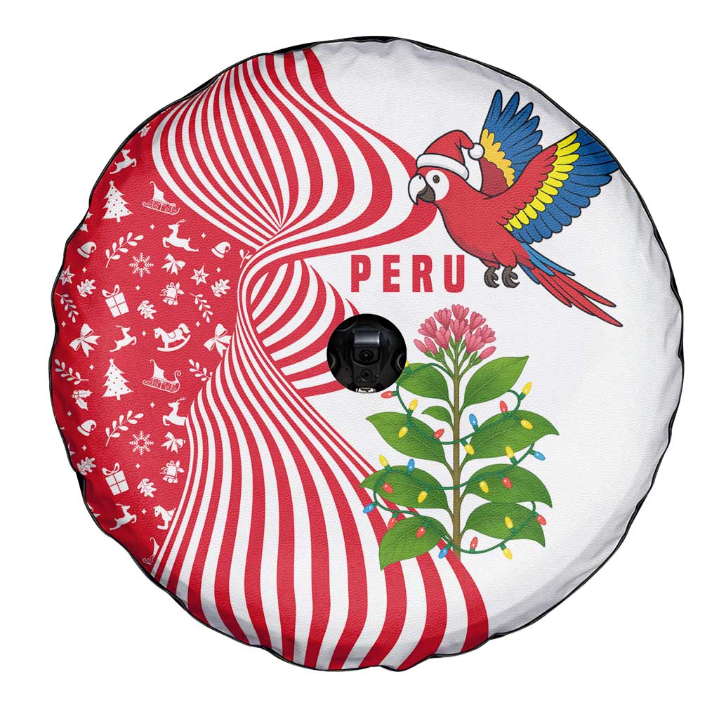 Peru Christmas Spare Tire Cover with Santa Macaw Cantuta Flower Red Swirl Pattern and Festive Design - Wonder Print Shop