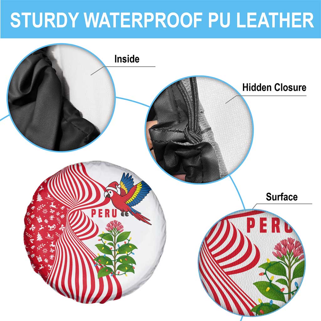 Peru Christmas Spare Tire Cover with Santa Macaw Cantuta Flower Red Swirl Pattern and Festive Design - Wonder Print Shop