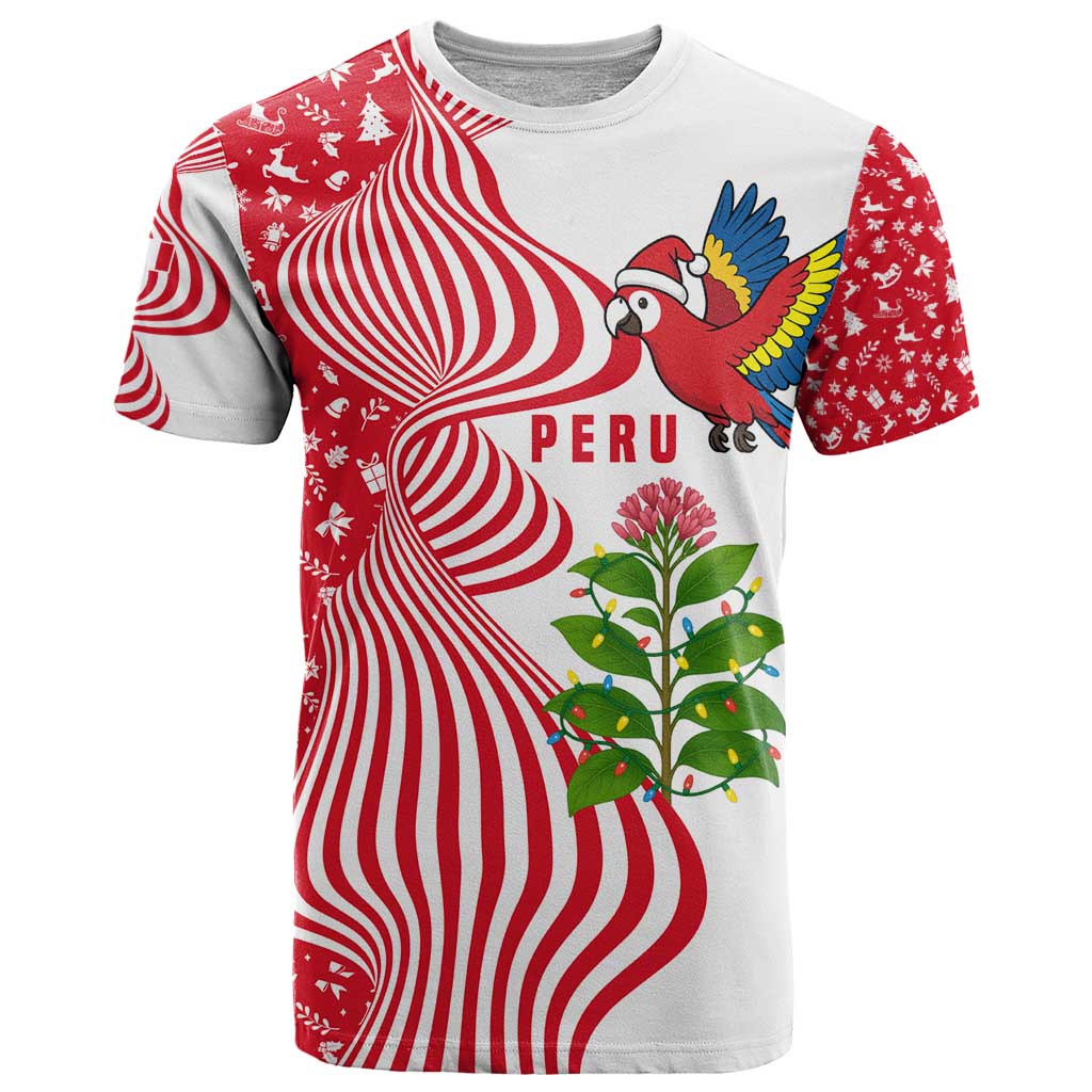 Peru Christmas T Shirt with Santa Macaw Cantuta Flower Red Swirl Pattern and Festive Design - Wonder Print Shop