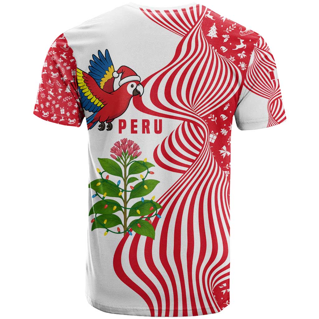 Peru Christmas T Shirt with Santa Macaw Cantuta Flower Red Swirl Pattern and Festive Design - Wonder Print Shop
