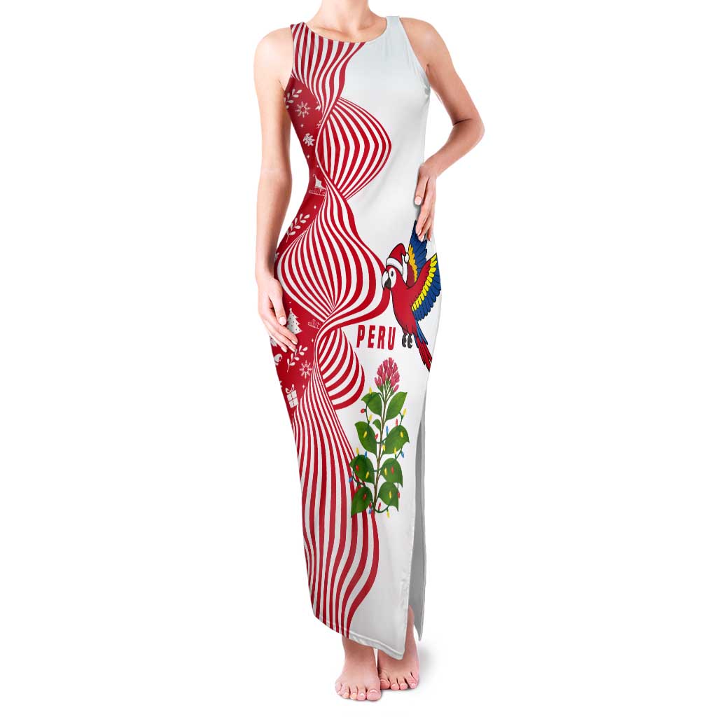 Peru Christmas Tank Maxi Dress with Santa Macaw Cantuta Flower Red Swirl Pattern and Festive Design - Wonder Print Shop