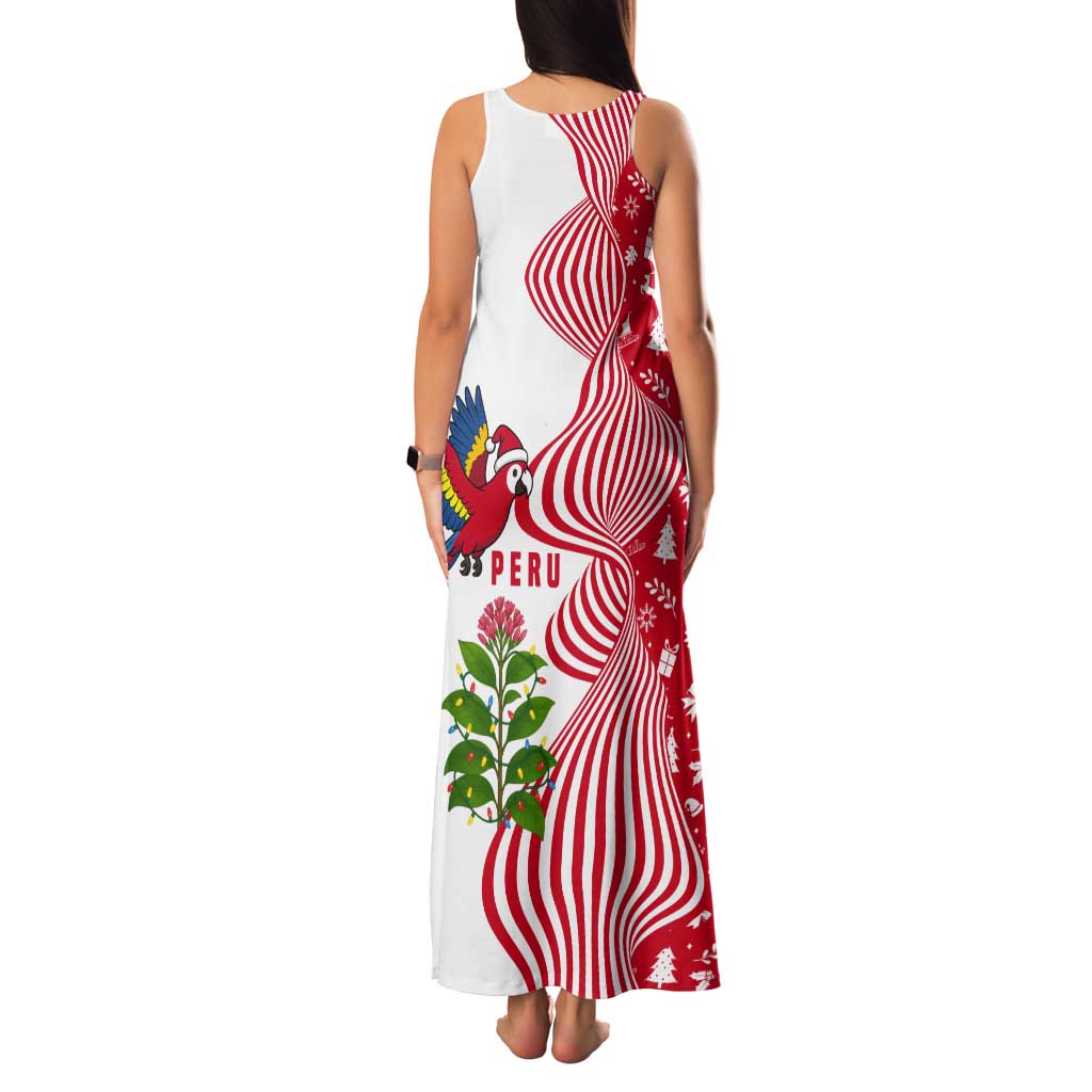 Peru Christmas Tank Maxi Dress with Santa Macaw Cantuta Flower Red Swirl Pattern and Festive Design - Wonder Print Shop