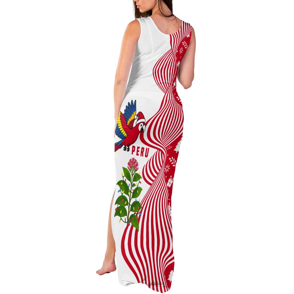 Peru Christmas Tank Maxi Dress with Santa Macaw Cantuta Flower Red Swirl Pattern and Festive Design - Wonder Print Shop