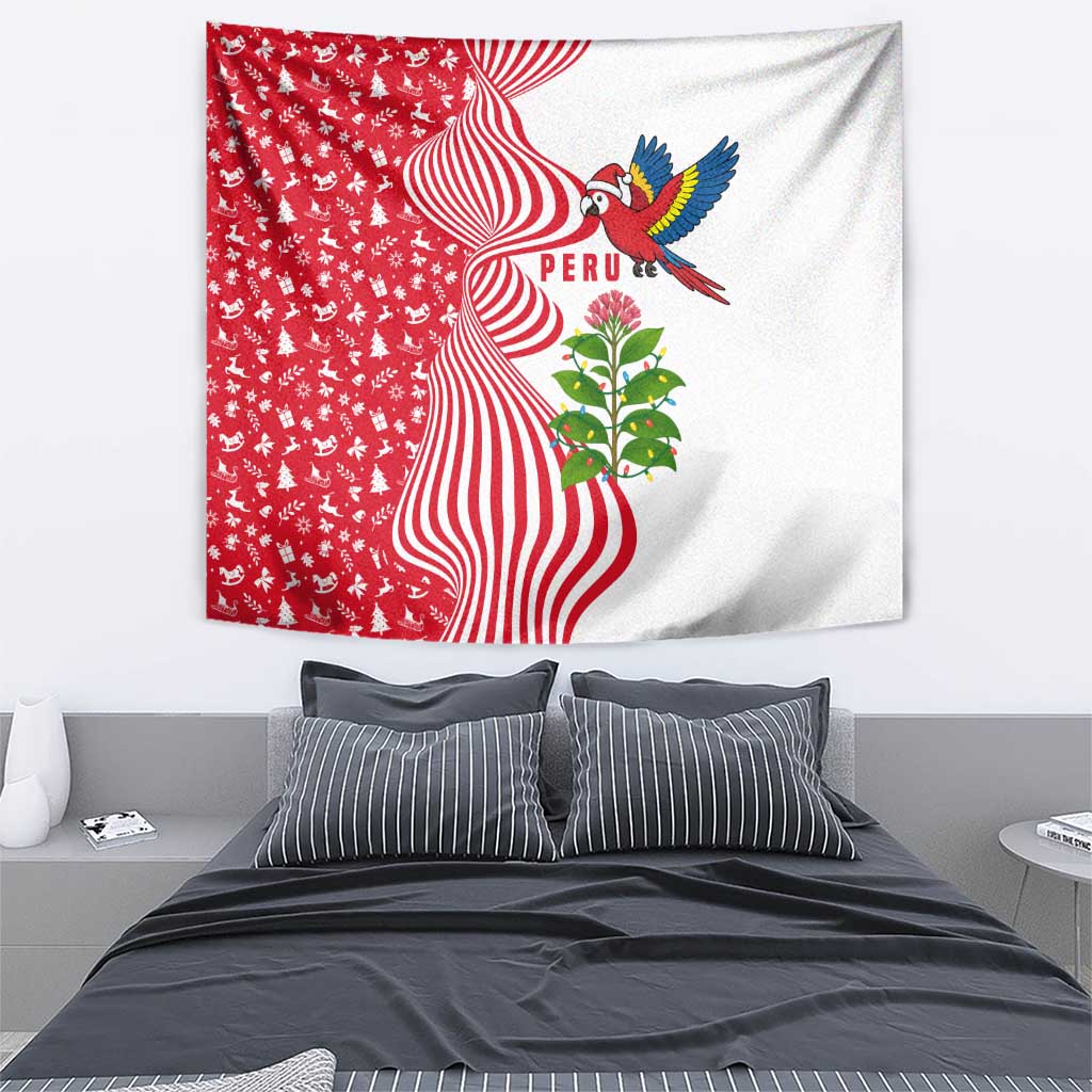Peru Christmas Tapestry with Santa Macaw Cantuta Flower Red Swirl Pattern and Festive Design - Wonder Print Shop