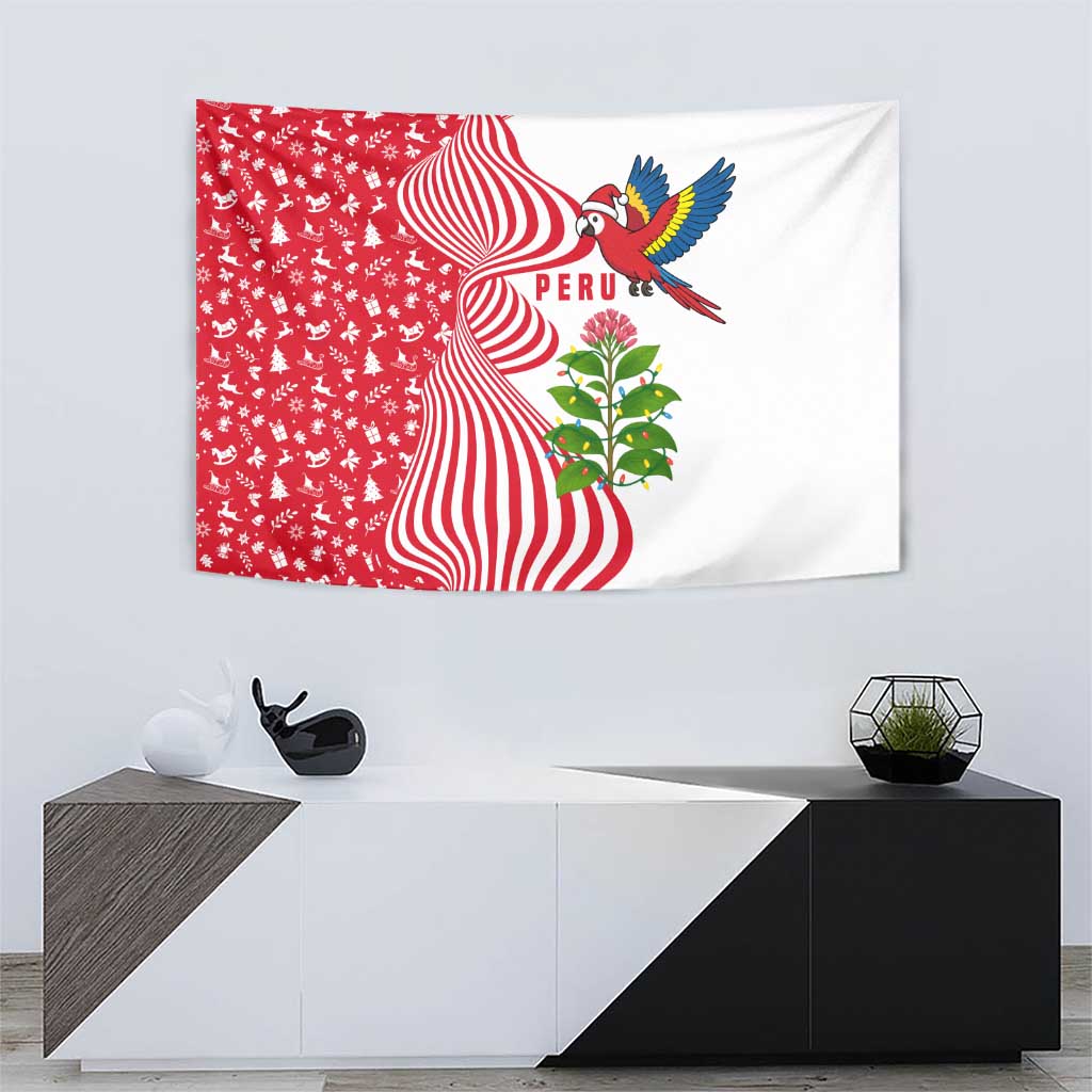 Peru Christmas Tapestry with Santa Macaw Cantuta Flower Red Swirl Pattern and Festive Design - Wonder Print Shop