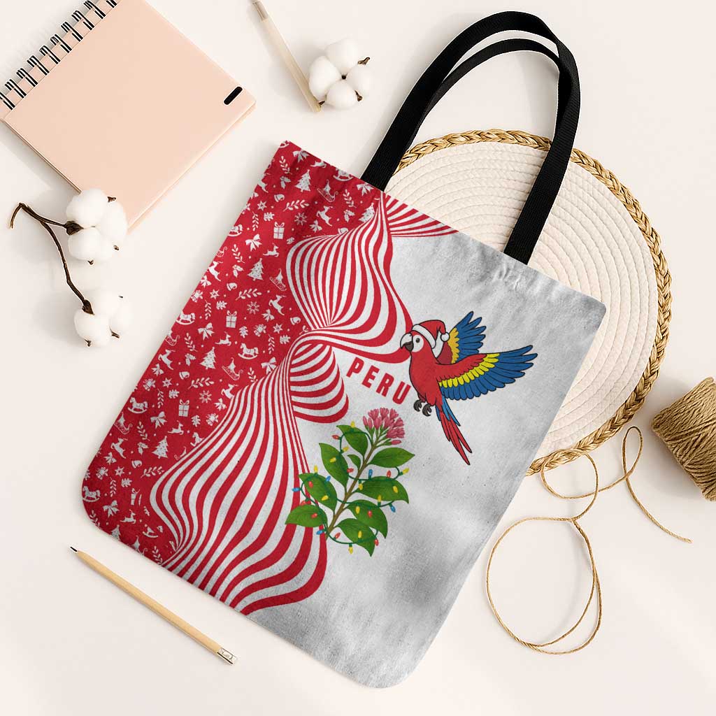 Peru Christmas Tote Bag with Santa Macaw Cantuta Flower Red Swirl Pattern and Festive Design - Wonder Print Shop
