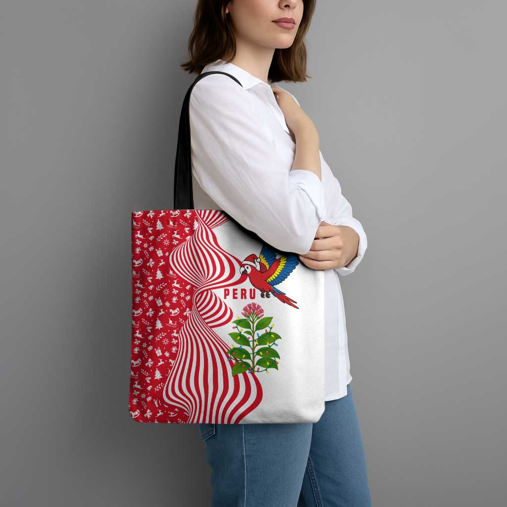 Peru Christmas Tote Bag with Santa Macaw Cantuta Flower Red Swirl Pattern and Festive Design - Wonder Print Shop