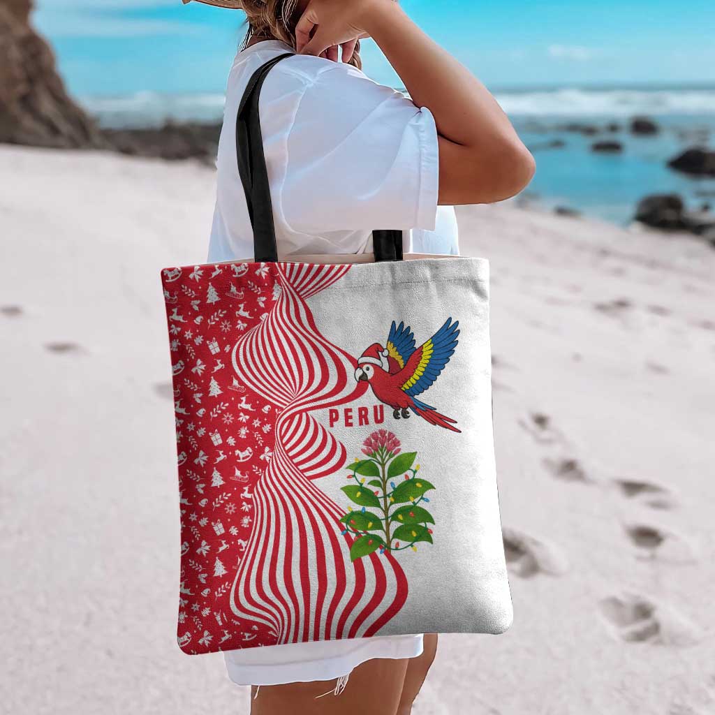 Peru Christmas Tote Bag with Santa Macaw Cantuta Flower Red Swirl Pattern and Festive Design - Wonder Print Shop